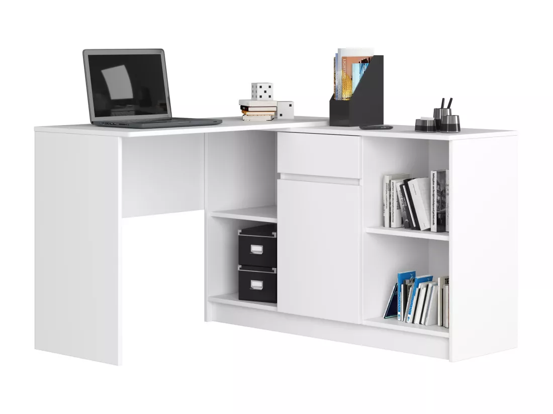 Ensemble d'angle AKORD bureau B17 avec commode Blanc 120 cm 1 porte 1 tiroir façade Blanche 6 étagères 120x126x79 cm