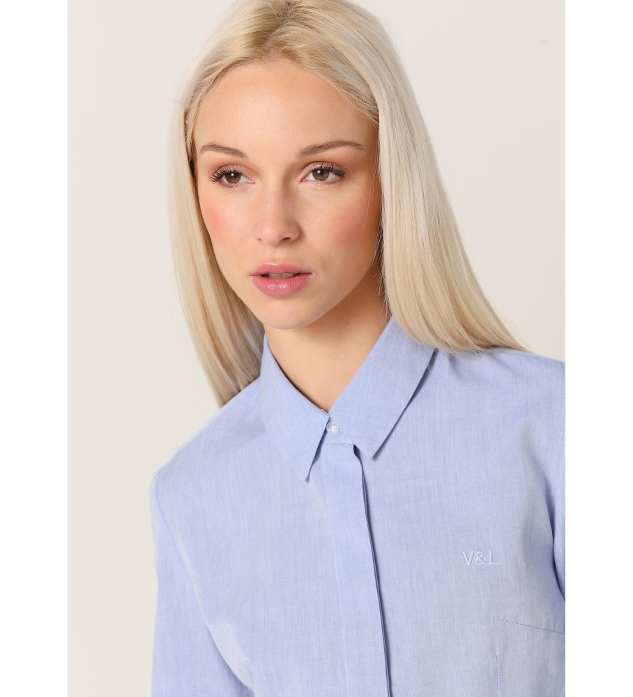 Camisa de manga comprida Victorio & Lucchino, V&L, com estrutura fil-a-fil, azul.