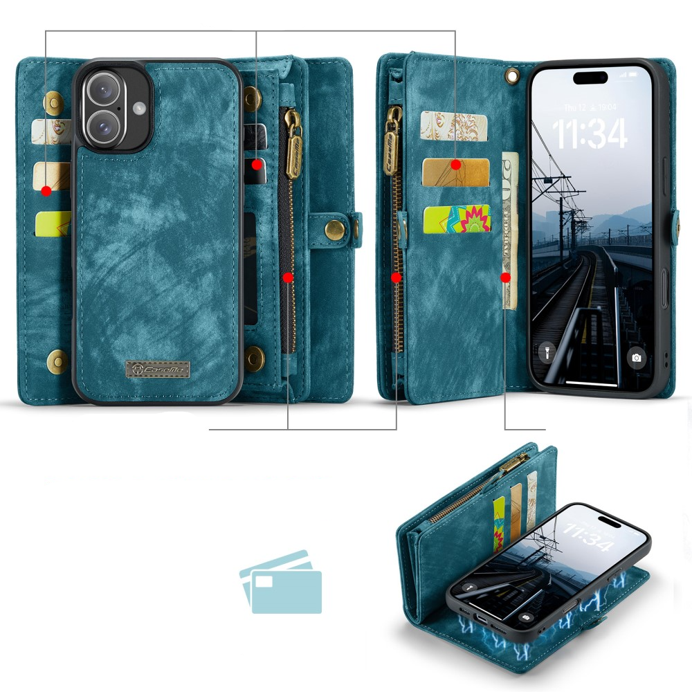 iPhone 16 2in1 Leder Tasche   Magnet Hardcase Karten Etui - Blau