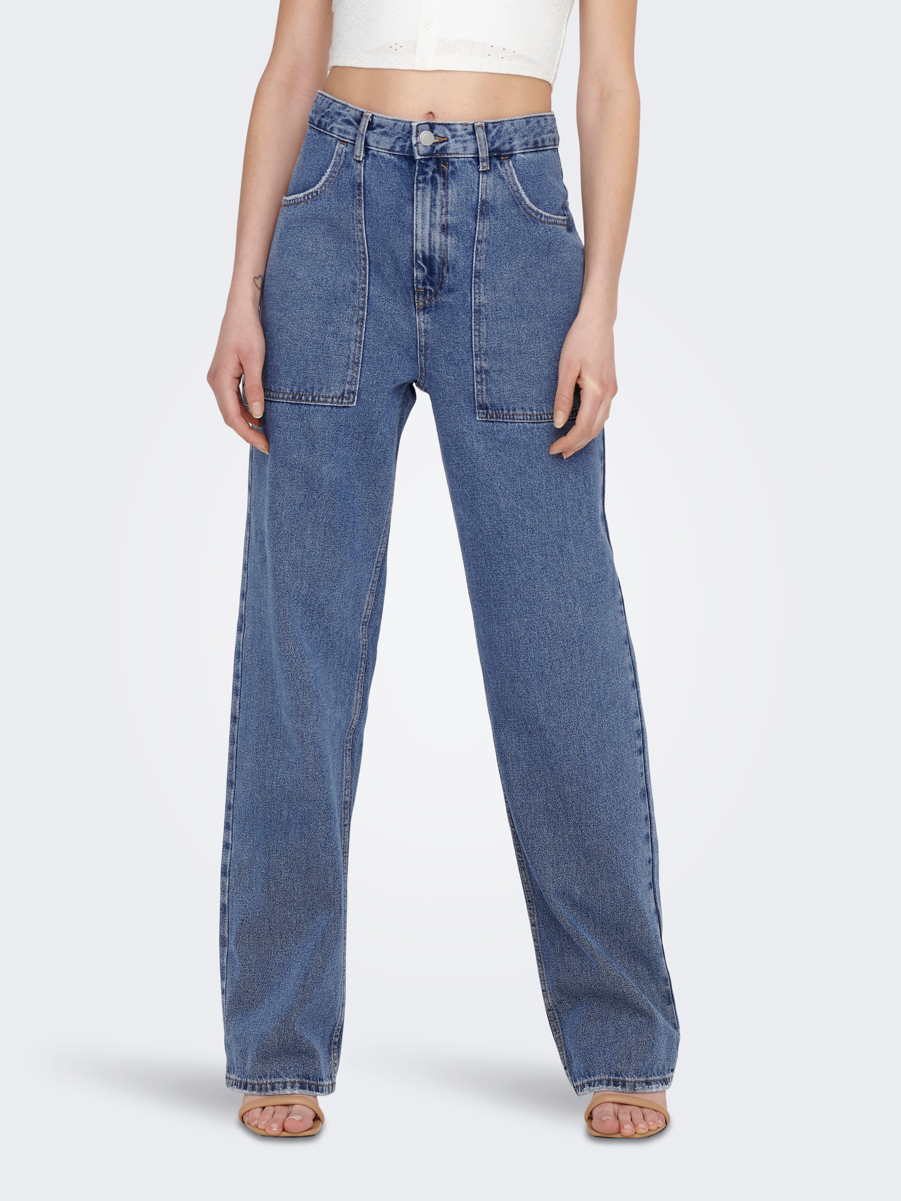 ONLKIRSI Hohe Taille Weiter Beinschnitt Jeans Medium Blue Denim