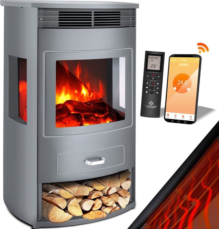 KESSER - Elektrische Haard - Grijs - 950/1900 W - LED Vlam Effect - Afstandsbediening - Panorama Kijkvenster