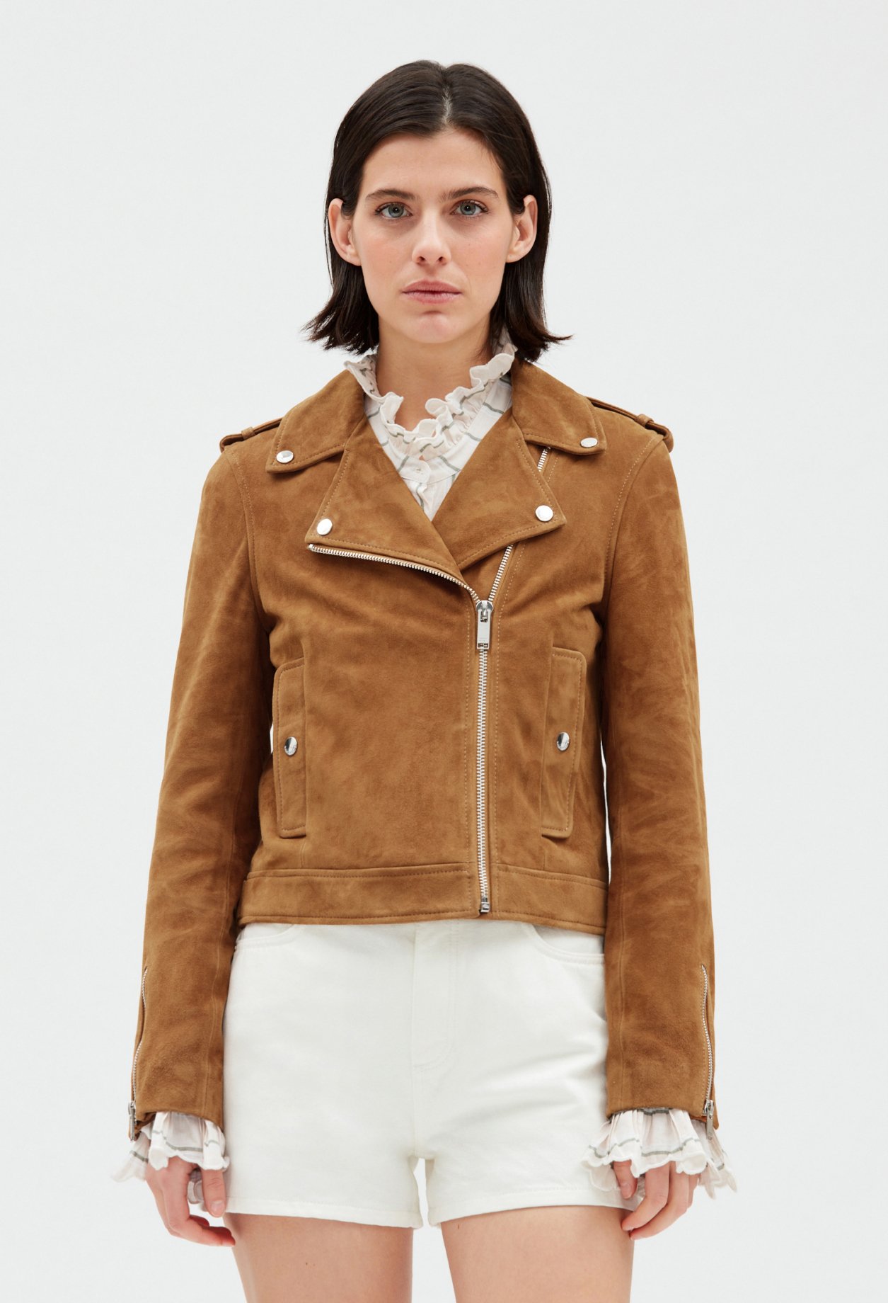 Blouson cuir suede camel