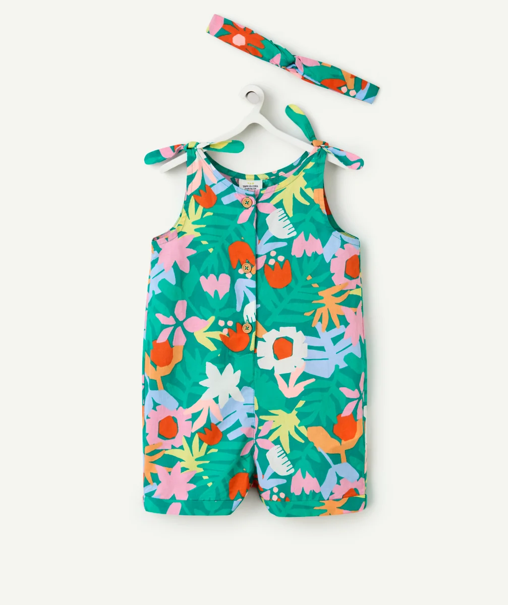 combishort avec turban bébé fille en coton bio imprimé feuillage coloré