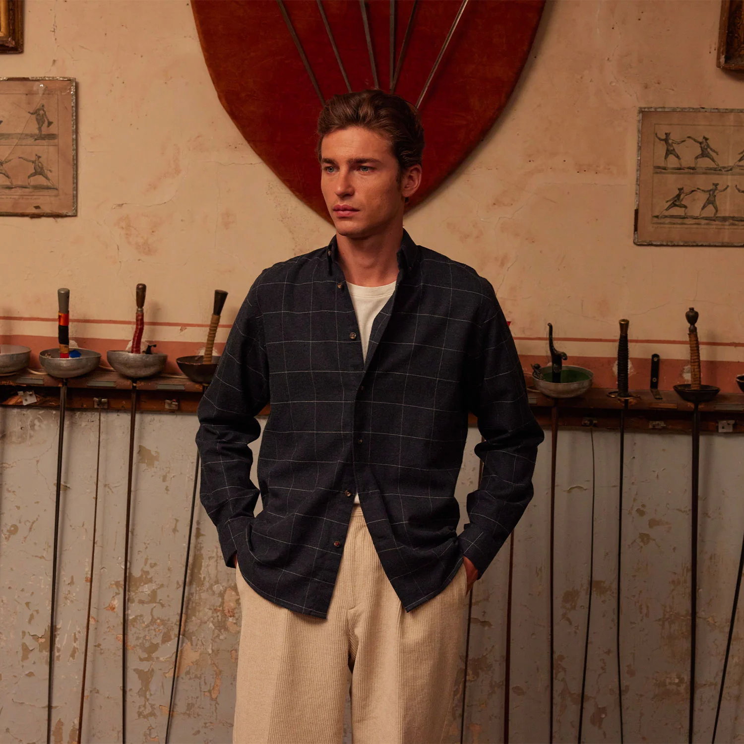 Blue cotton and cashmere flannel shirt with gray checks