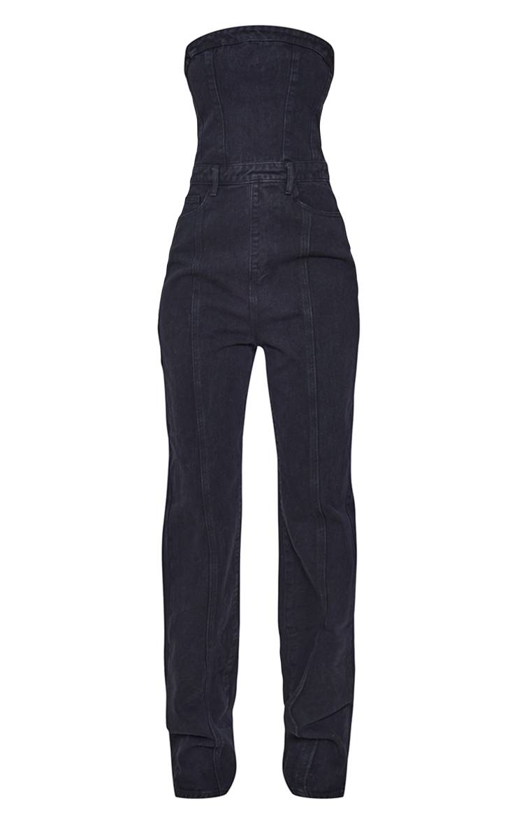 Noir Combinaison Tall En Denim À Jambe Droite Et Bustier Bandeau