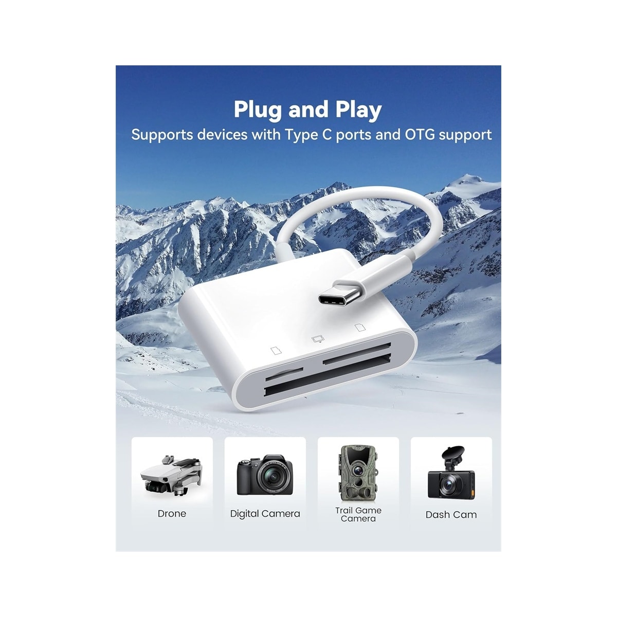 NÖRDIC USB-C kortleser 3 spor CF, SD, MicroSD UHS-I