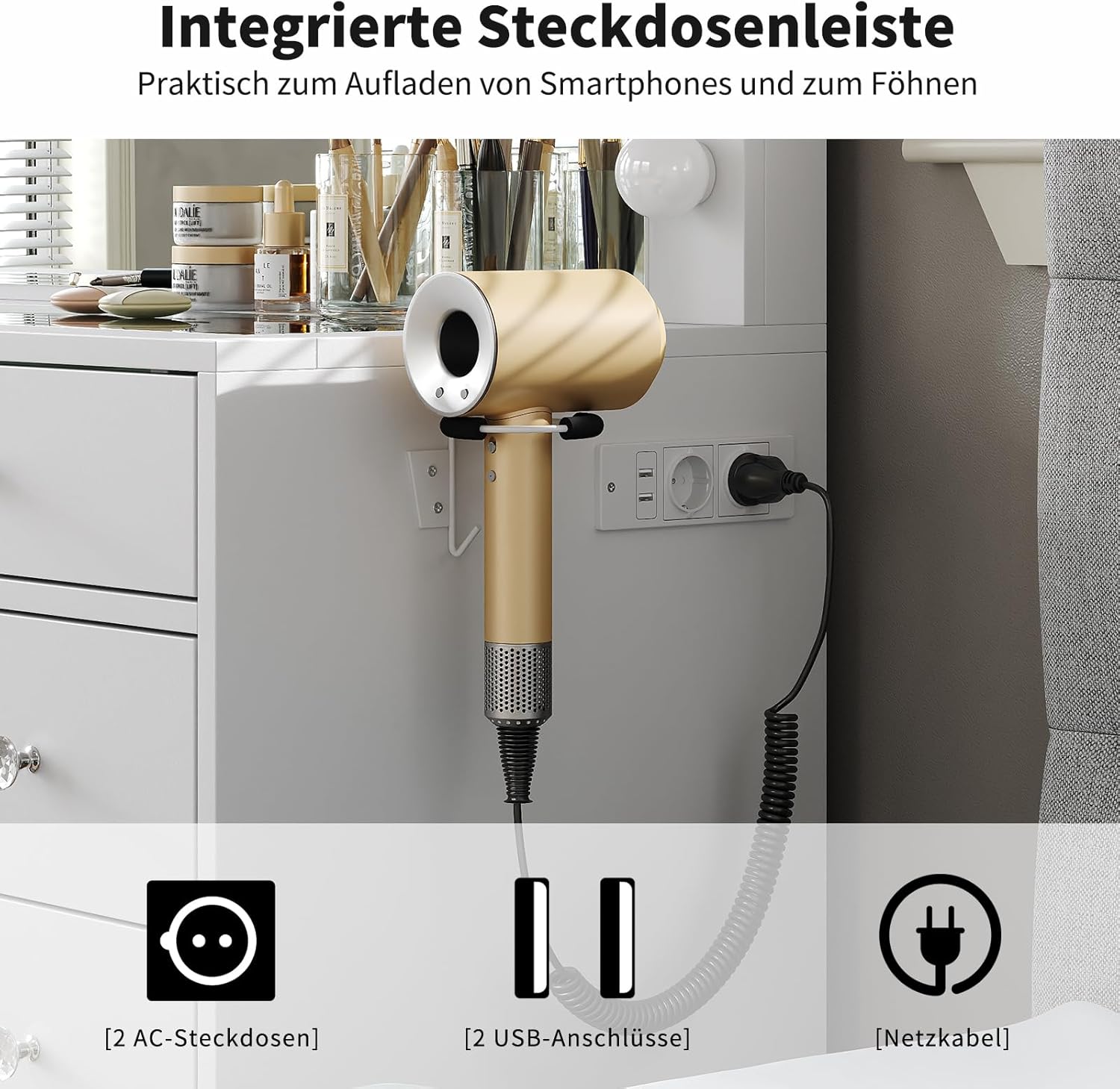Schminktisch mit Beleuchtung und Spiegel, 11 Schubladen, Glasplatte, 12 LED-Lampen, 3 Lichtmodi, Schminktisch mit Hocker & Steckdose, Make-up Tisch für Schlafzimmer & Ankleidezimmer