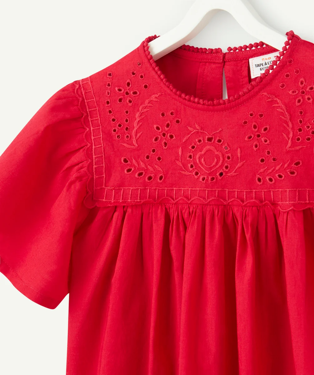 blouse manches courtes fille rouge avec broderies
