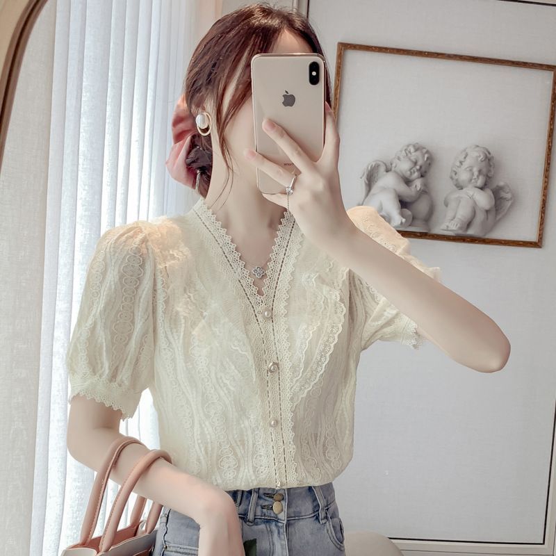 Sienne - Kanten blouse met pofmouwen