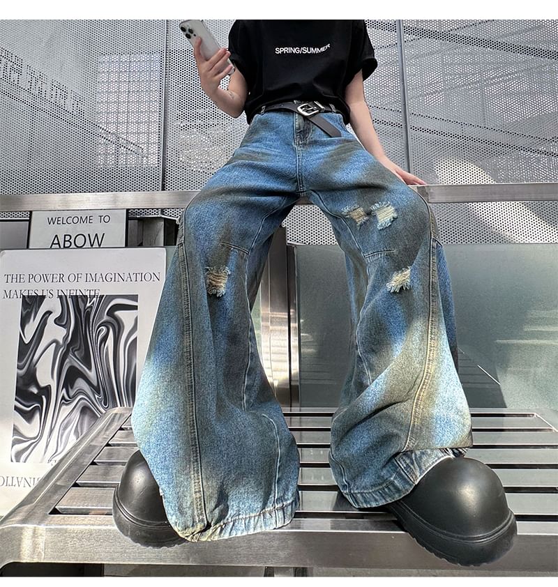 ravewider - Mid Rise Washed Distressed Wide Leg Jeans