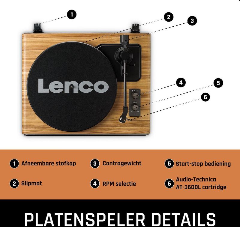 Lenco Bluetooth Platenspeler - 4 Ingebouwde Speakers - Platenspeler op poten - LS-570OK - Eikenhout