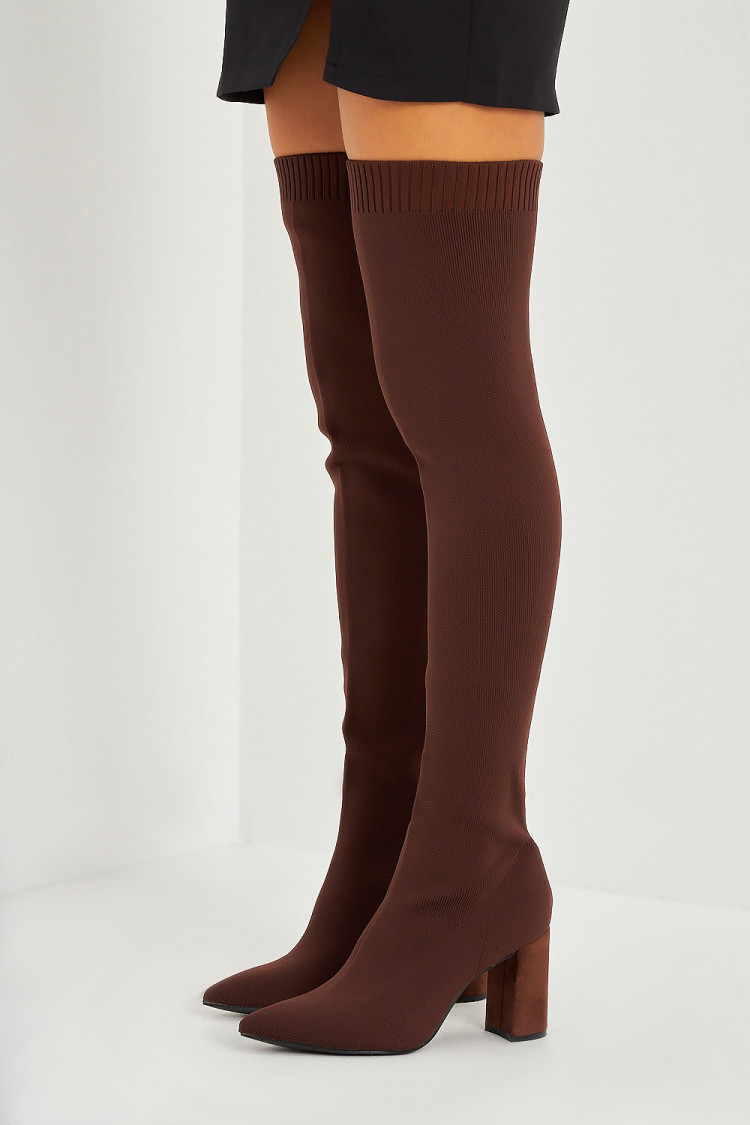 Cuissardes chaussettes marron à talons bloc
