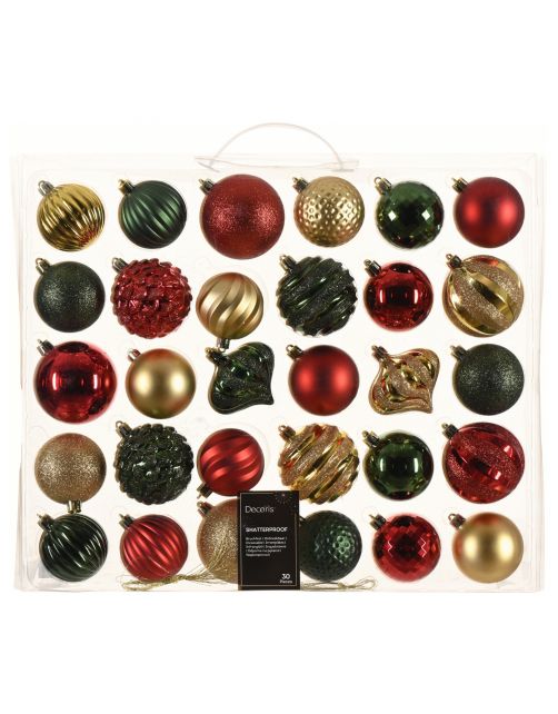 Decoris Kerstballen Mix - Kerstboomversiering - Goud Groen Rood 30 stuks 4 Assortiment