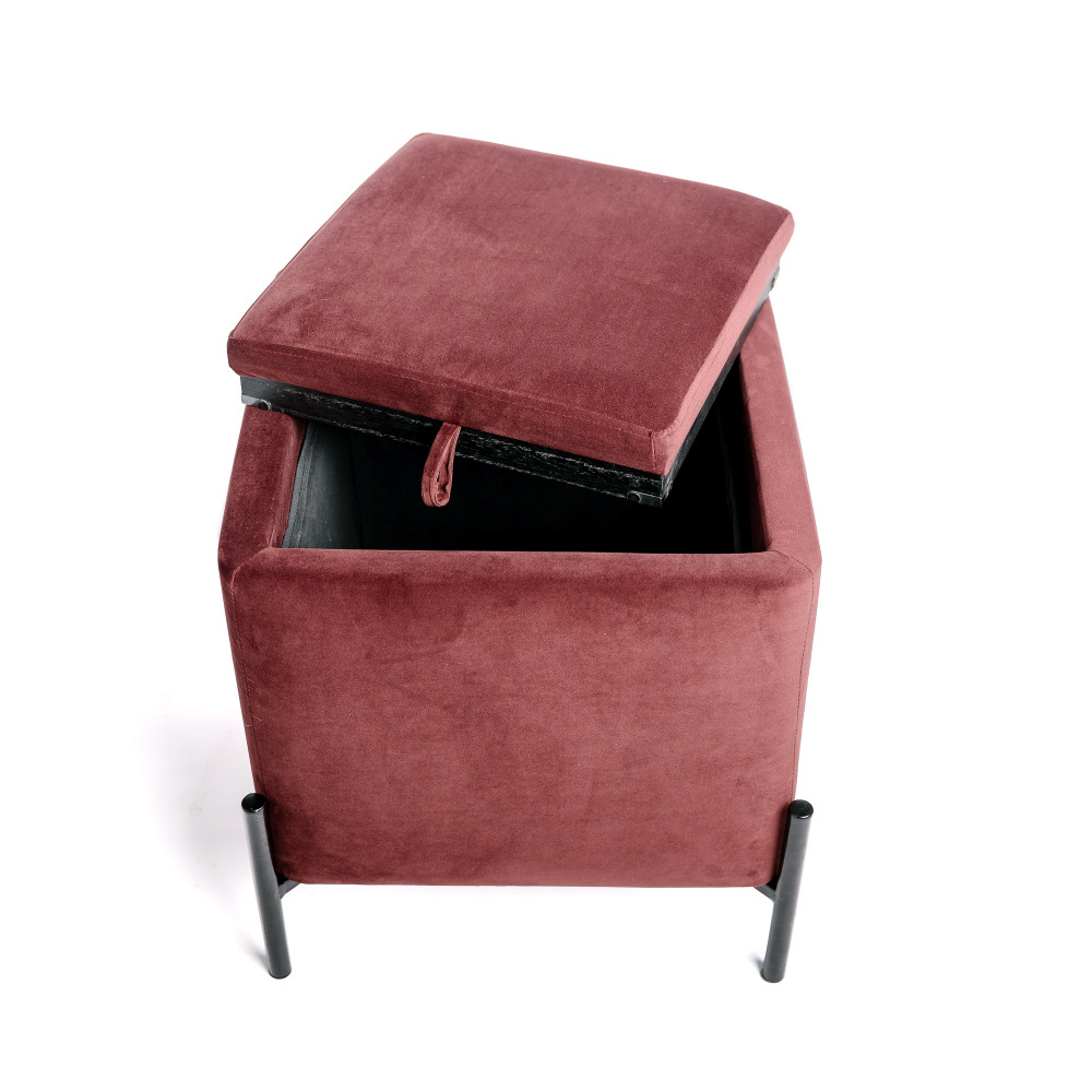 Pouf tabouret coffre de rangement, repose pied, convertible en table d'appoint bordeaux lie de vin 43x43x45cm
