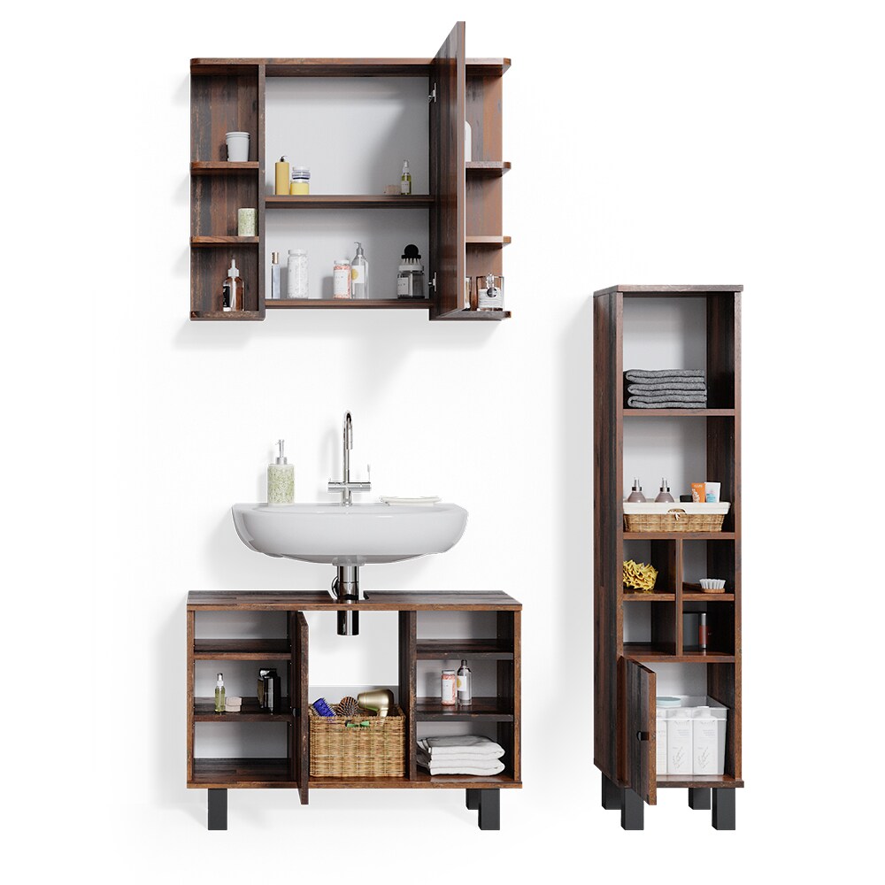 Vicco Badmöbelset Waschtischunter 80cm Spiegelschrank Midischrank kl. Tür Fynn