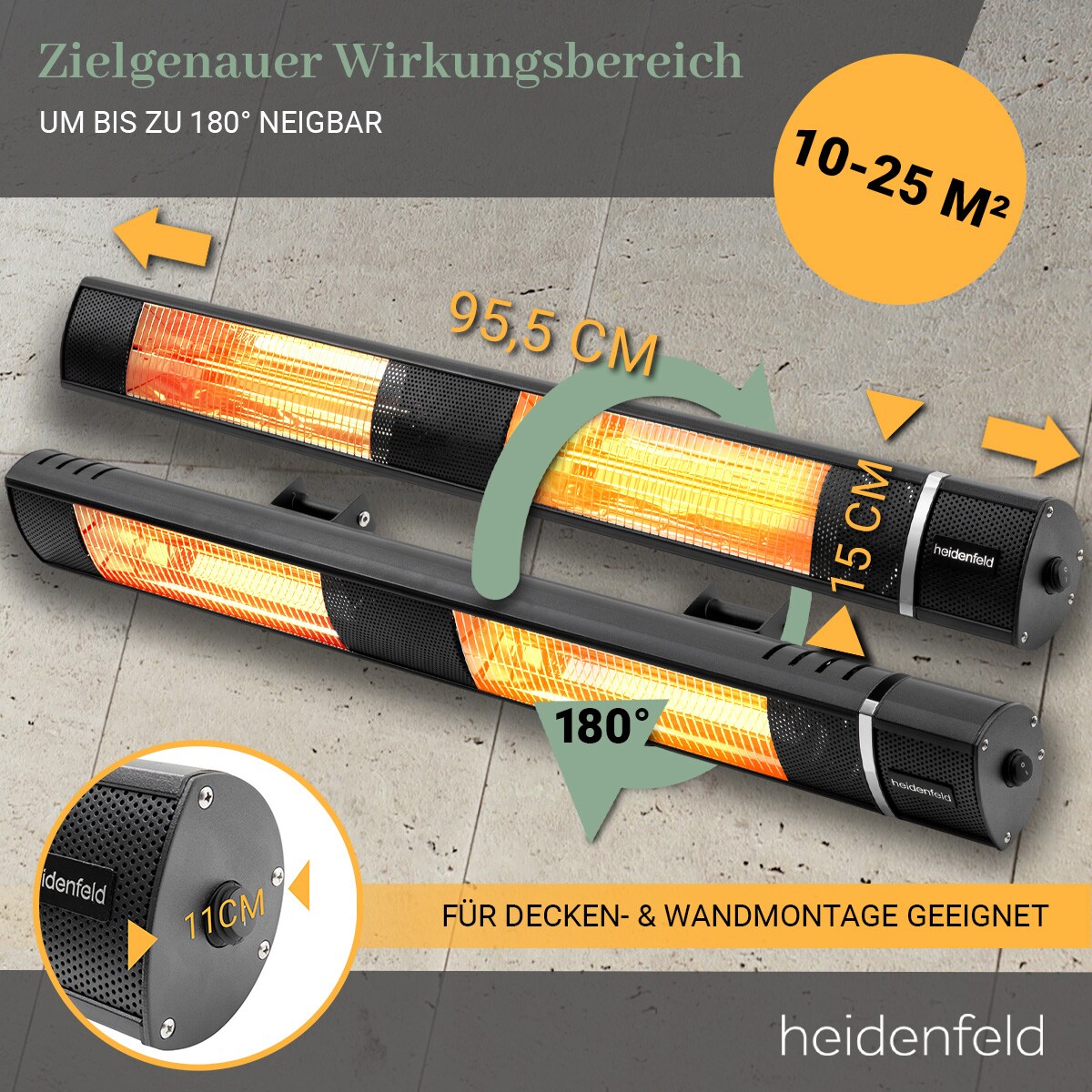 Heidenfeld Infrarot-Heizstrahler IH110, 1000-3000 Watt, Fernbedienung, Schutzhülle, 180° neigbar