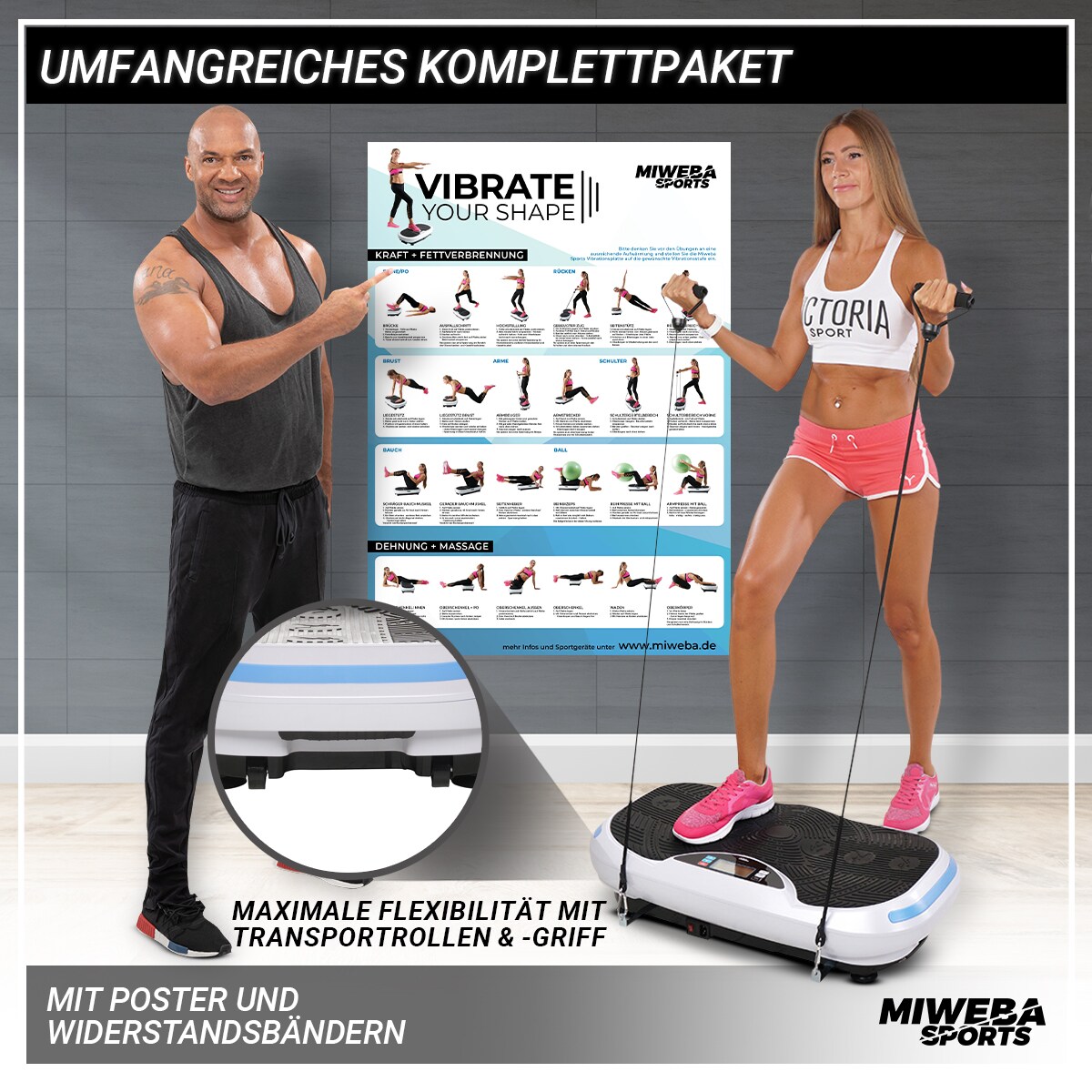 Miweba Sports Vibrationsplatte MV300, 4D-Wave-Vibration, Fernbedienung, Bluetooth, 16 Stufen, LED (Weiß)