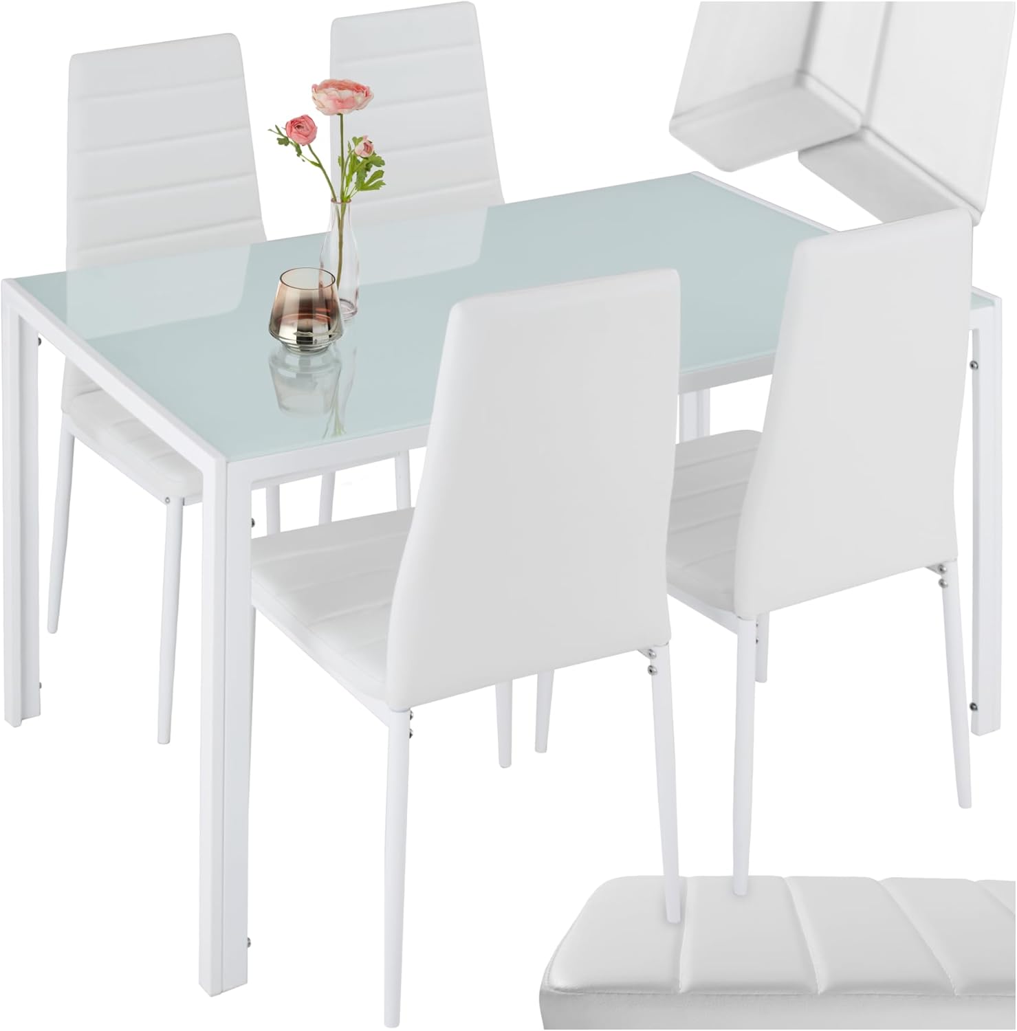 tectake Essgruppe Set Tisch und Stühle, Esstisch und 4X Stuhl, strapazierfähiges Kunstleder, Tischplatte aus Sicherheitsglas, Küchenstühle modern, Küche - weiß OH6591109