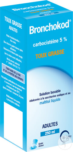 Bronchokod Carbocistéine 5% Solution Buvable Sans Sucre Toux Grasse Adultes Flacon 250ml
