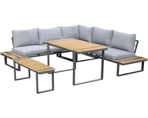 Garden Place Eila loungeset, 237 x 237 cm, 7-zits, 3-delig, inclusief tafel 120 x 70 x 69 cm in houtlook, inclusief lichtgrijze zitkussens