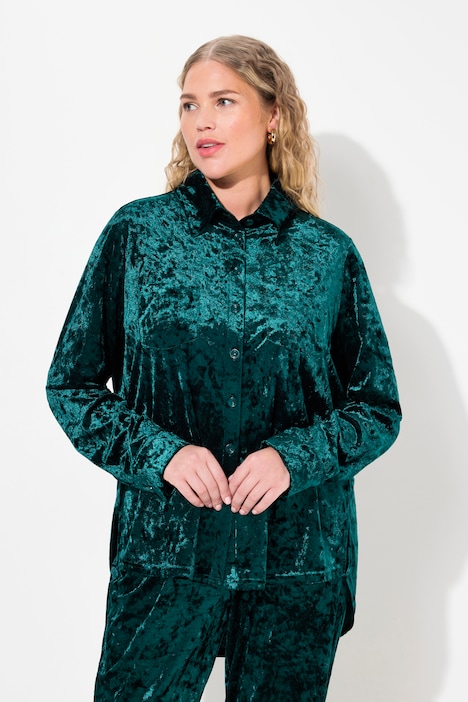 Samtbluse, A-Linie, Hemdkragen, Langarm