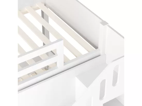 Lit superposé pour enfant - 2x90x200 cm - avec casier d'escalier et garde-corps - Blanc (sans matelas)