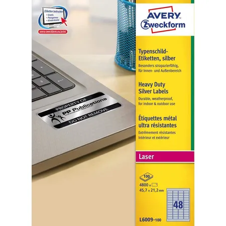 Avery Zweckform L6009-100 Typenschild-Etiketten, 45,7 x 21,2 mm, 100 Bogen/4.800 Etiketten, silber