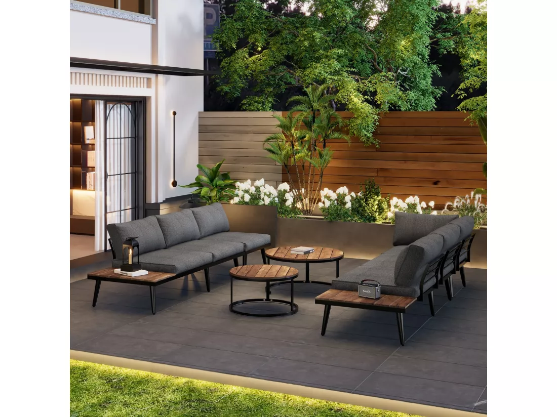 Salon de jardin 5 à 6 personnes, avec cadre en fer galvanisé et bois Acacia, canapé modulable + tables gigognes
