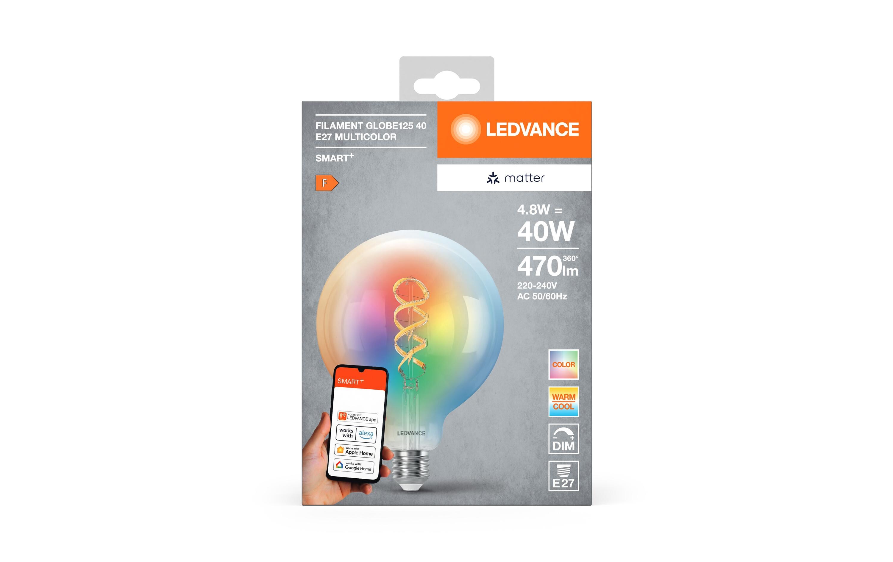 SMART+ Matter Filament Globe Multicolor 4.8W 827-865 E27Klassische Globe-Form mit Glühwendel-Design mit Matter Technologie