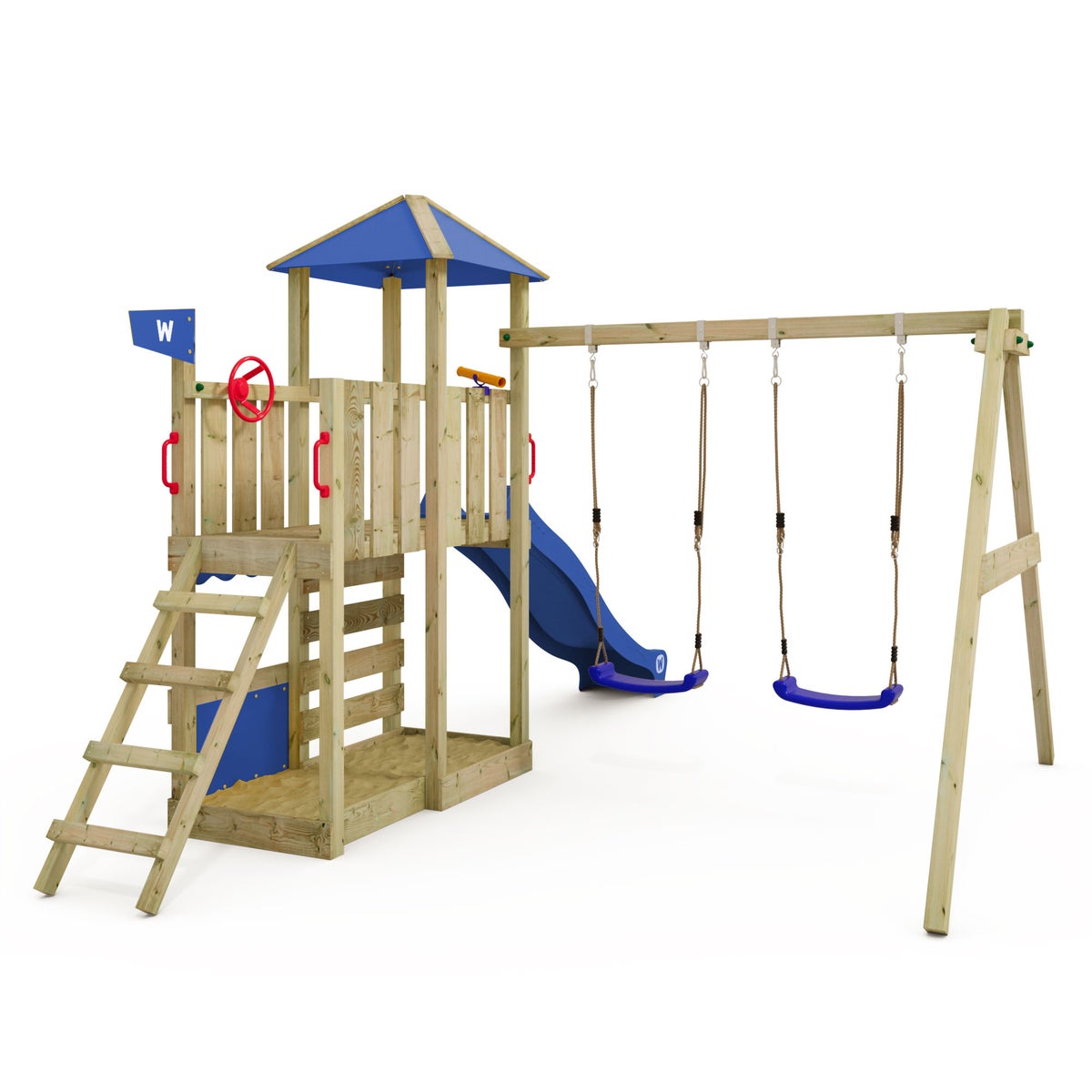 WICKEY Smart Savana speeltoren klimtoestel met schommel en glijbaan, speelhuis met klimladder en speelaccessoires – pastelroze