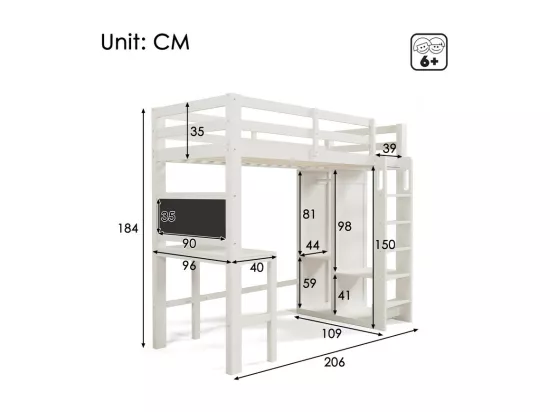 Lit mezzanine 90x200 cm en bois de pin - avec bureau, armoire et étagères - Blanc