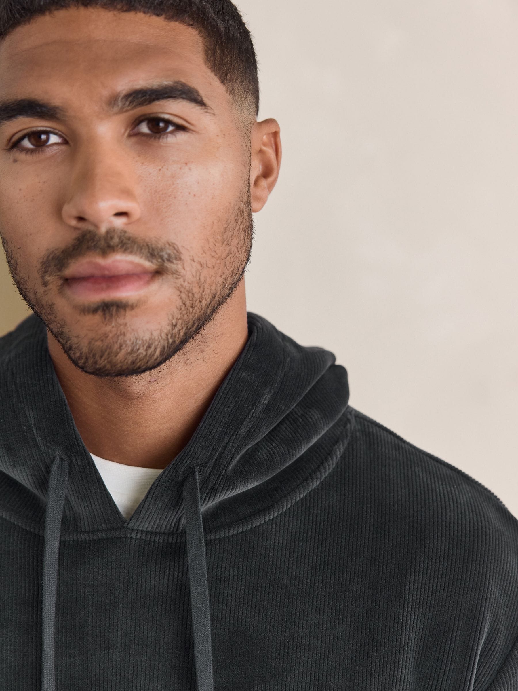 Antraciet - Jersey Textured Ribbed Hoodie