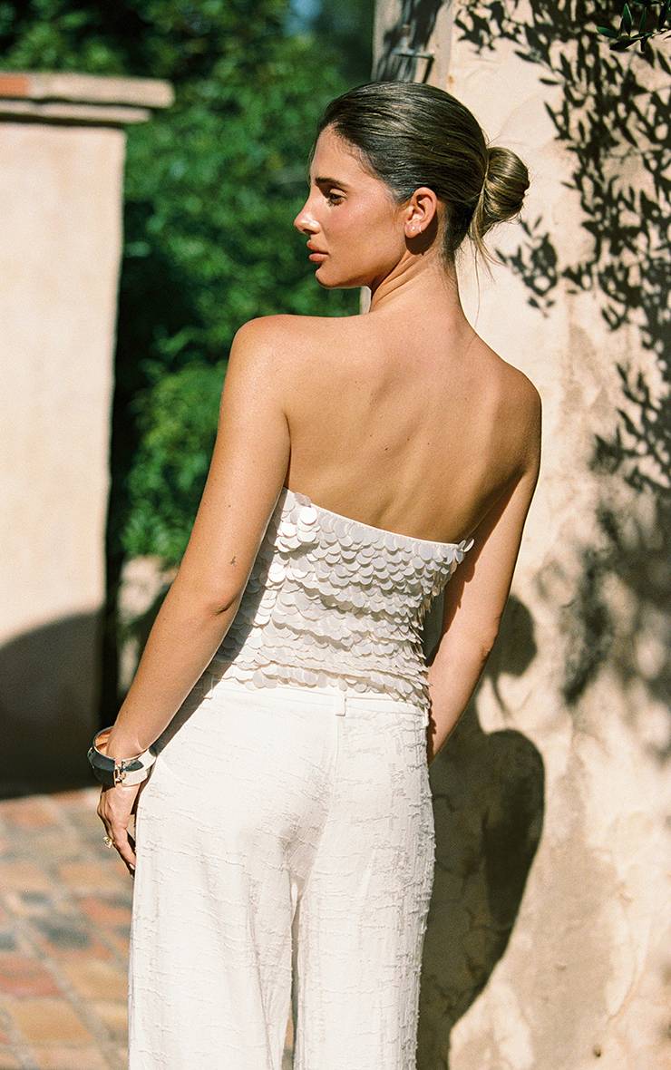 Blanc Pantalon Large Texturé Avec Détail De Lien Noué