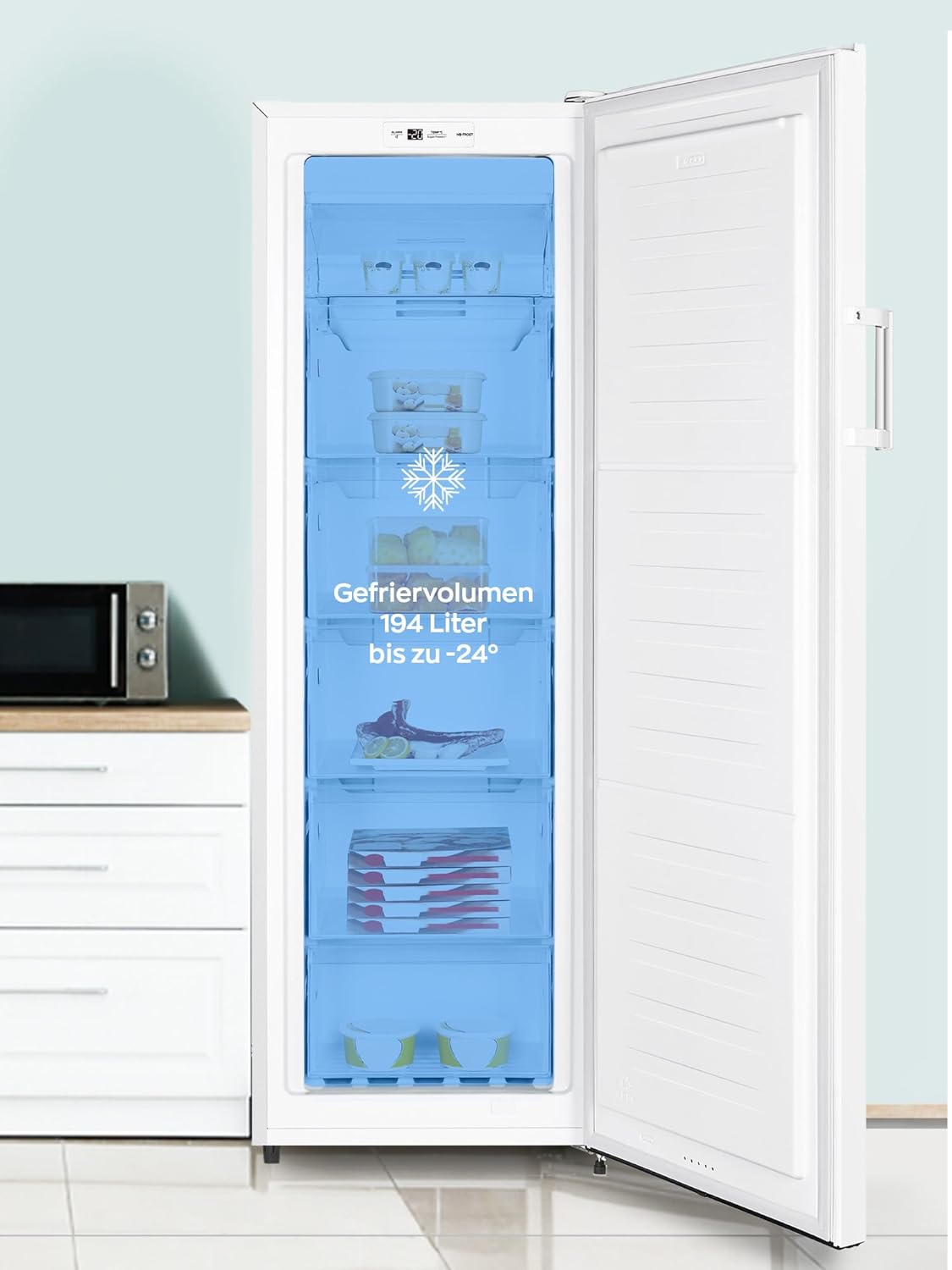 Heinrich´s Gefrierschrank 194 Liter, Temperatur:-14°C~-24°C, Freezer, No-Frost Schutz, 5x Gefrierschublade +1x Gefrierfach, LED-Display,Airflow, wechselbarer Türanschlag, Alarmfunktion, weiß