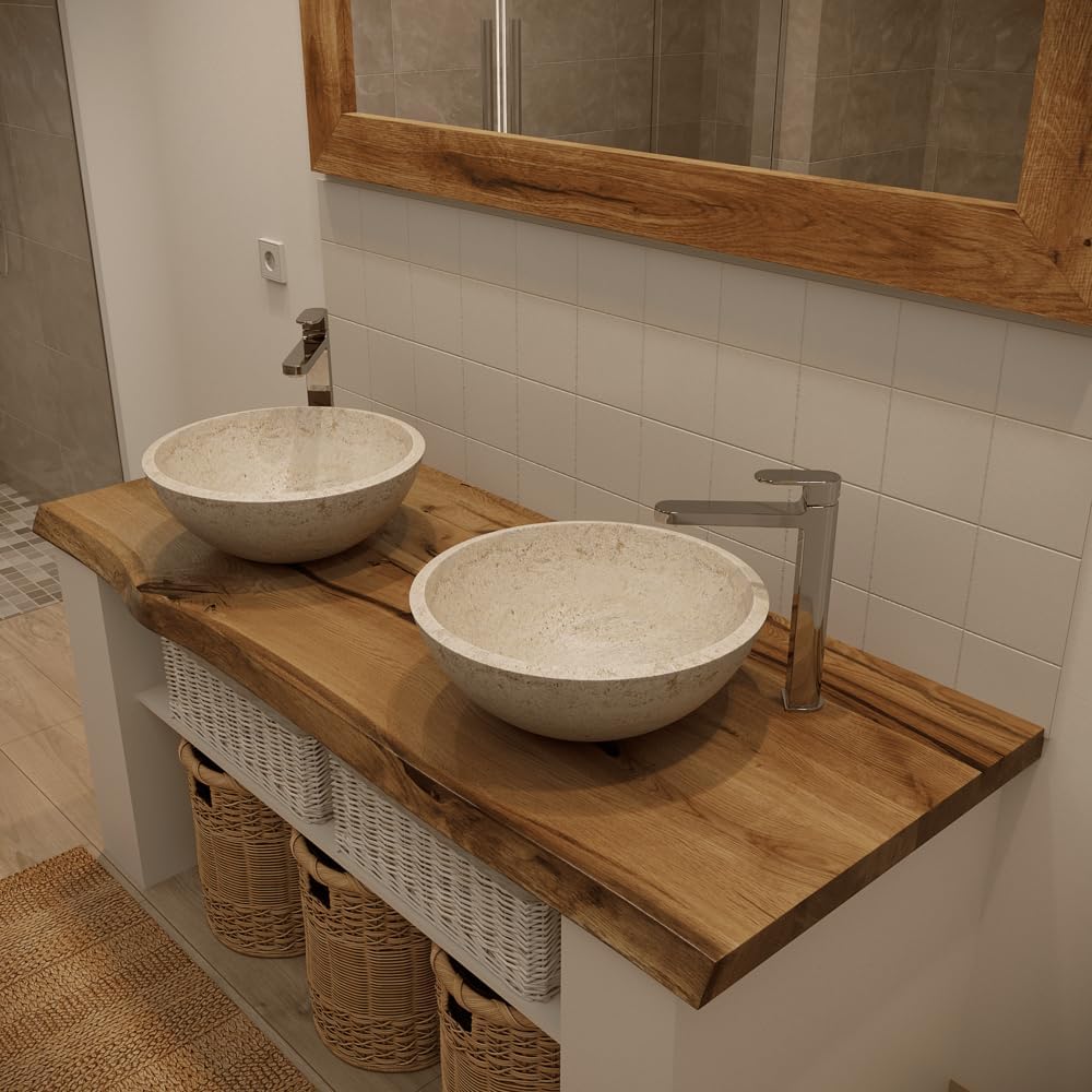 BestLoft Waschtischplatte (Länge: 175 cm/Breite: 55-60 cm) Waschtisch Eiche massiv 40 mm dick mit Baumkante - rustikale Waschtischkonsole