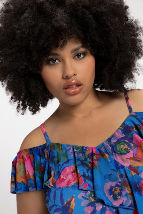 Midikleid, Off Shoulder, Blüten Print, Rüschen