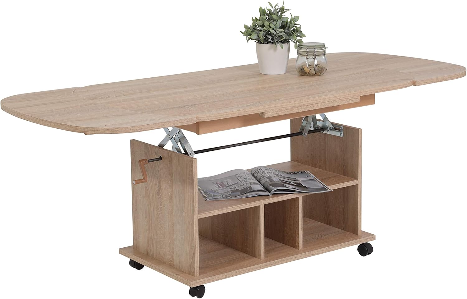 Hela Tische, Funktionscouchtisch Babsi, Holzwerkstoff melaminbeschichtet, Sonoma Eiche, höhenverstellbar 53-63cm, ausziehbar 107-157cm, auf Rollen