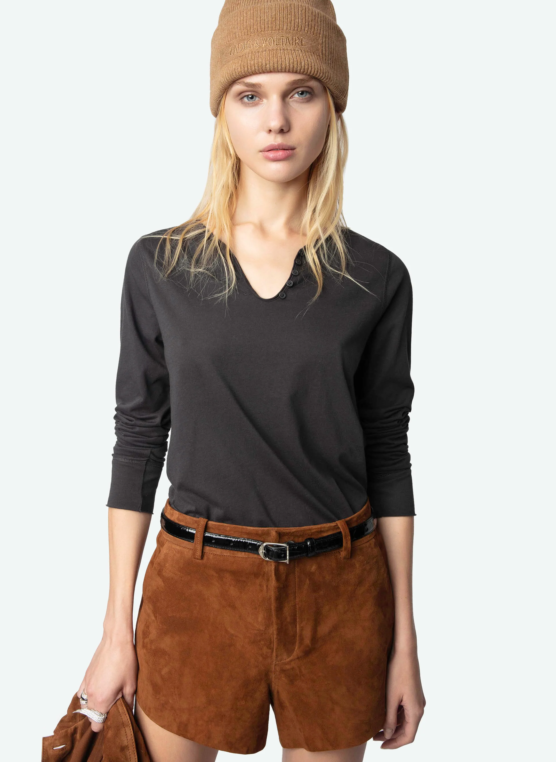 Tee-shirt droit col tunisien en coton | Gris