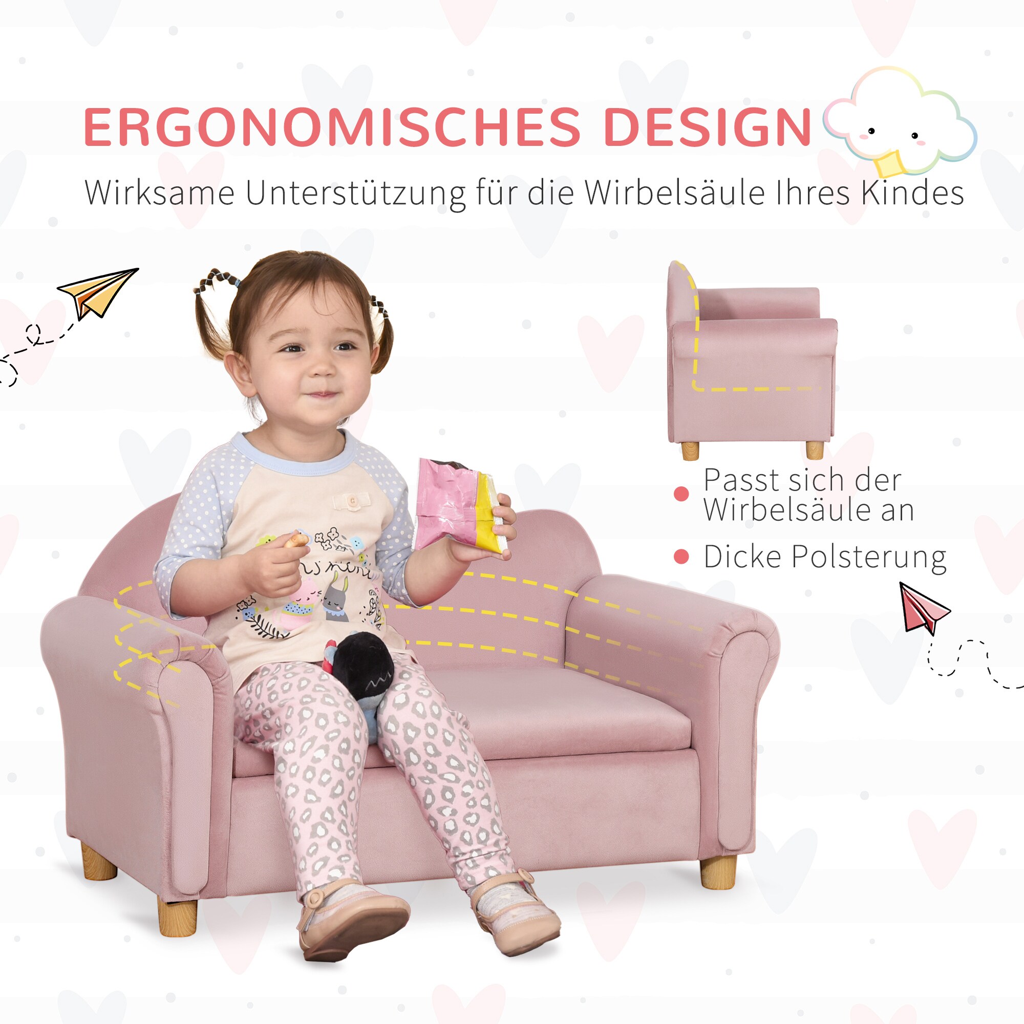 HOMCOM Kindersofa mit Stauraum rosa 84L x 41,5B x 48,5H cm