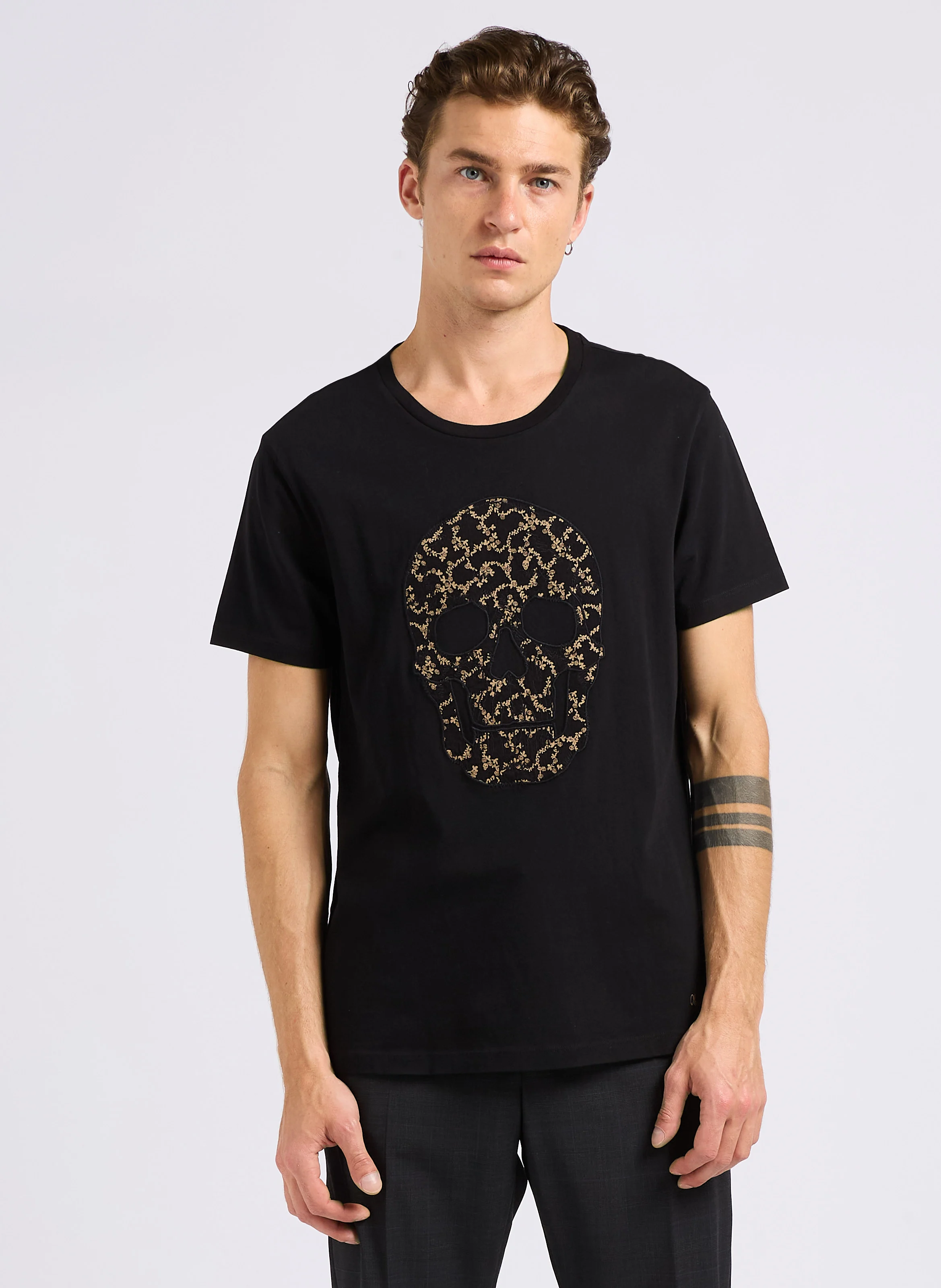 Tee-shirt col rond brodé en coton | Noir