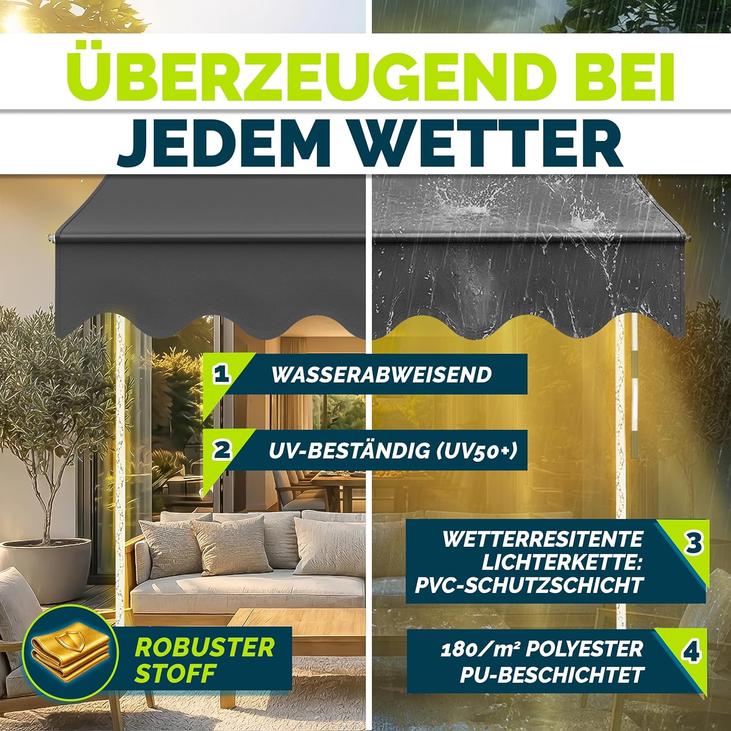 tillvex Klemmmarkise mit Handkurbel & LED Lichterkette Balkon | Balkonmarkise ohne Bohren | Markise UV-beständig & höhenverstellbar | Sonnenschutz Terrasse & Garten wasserdicht (Grau, 300cm)