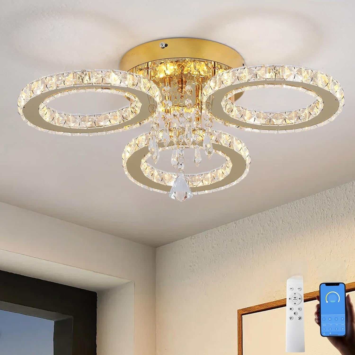 VETRULUS Moderner Kristall-LED-Kronleuchter – Goldene Deckenleuchte mit 3 Ringen, Dimmbar für Schlafzimmer, Esszimmer, Flur