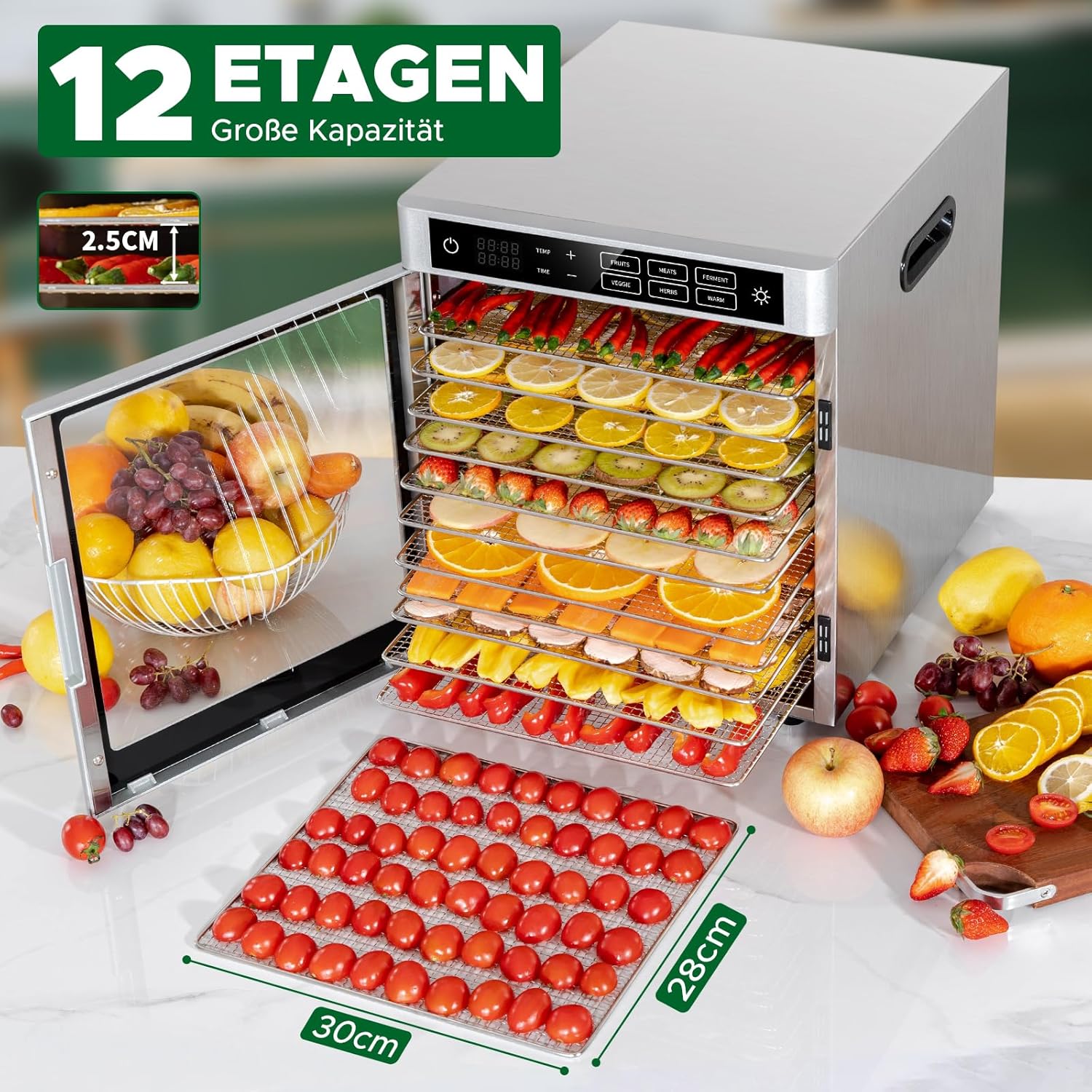 Kwasyo Dörrautomat 12 Etagen Edelstahl, 6 Voreinstellungen für Früchte, Gemüse, Fleisch, Blumen, 85°C Temperaturregelung, 24 Timer, 800W Dörrautomat, Rezept inklusive
