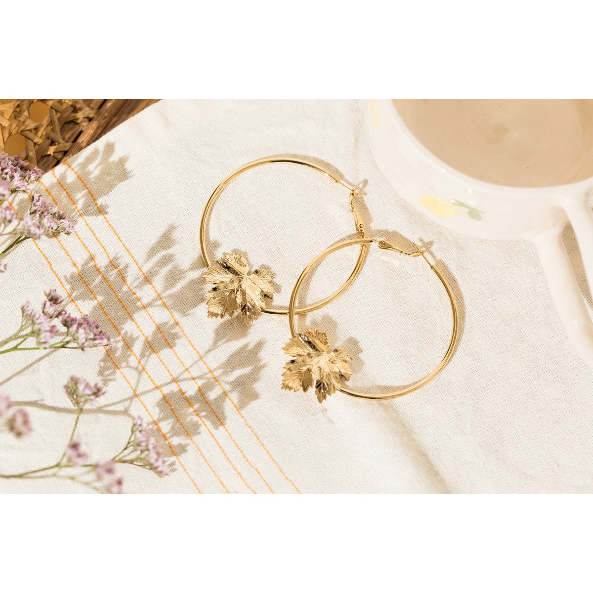 boucles d'oreilles créoles feuilles doré à l'or fin - HÉRA
