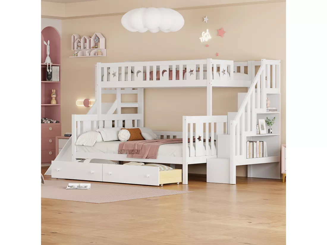 Lit superposé 90x200 + 140x200 cm - en bois massif - avec toboggan，étagère et 2 grands tiroirs - Blanc