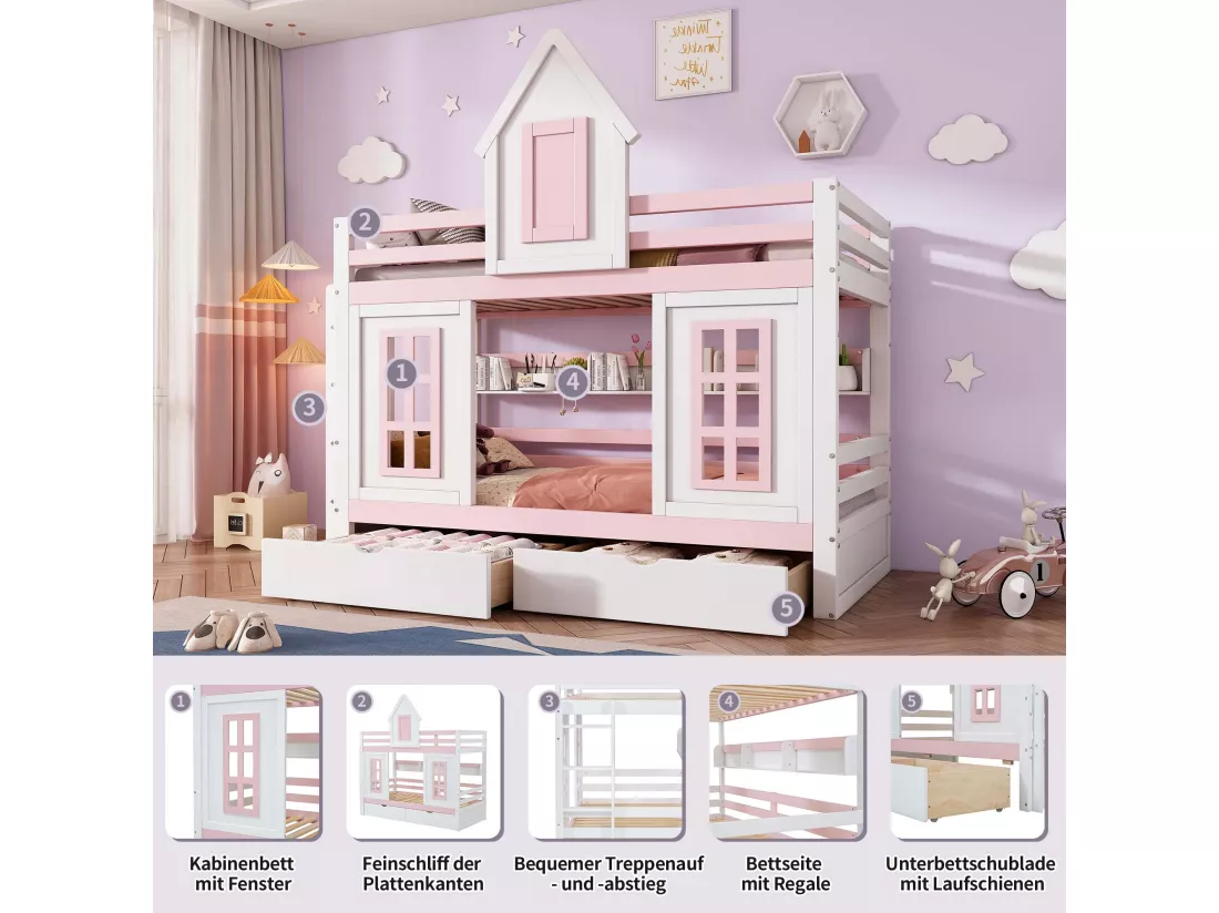 Lits superposés 2 x 90 x 200 cm avec 2 tiroirs, fenêtres et barrières de sécurité - pin + MDF - blanc + rose (sans matelas)