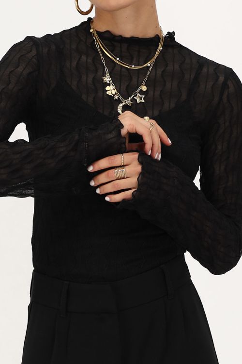Zwarte mesh top met flared mouwen & structuur