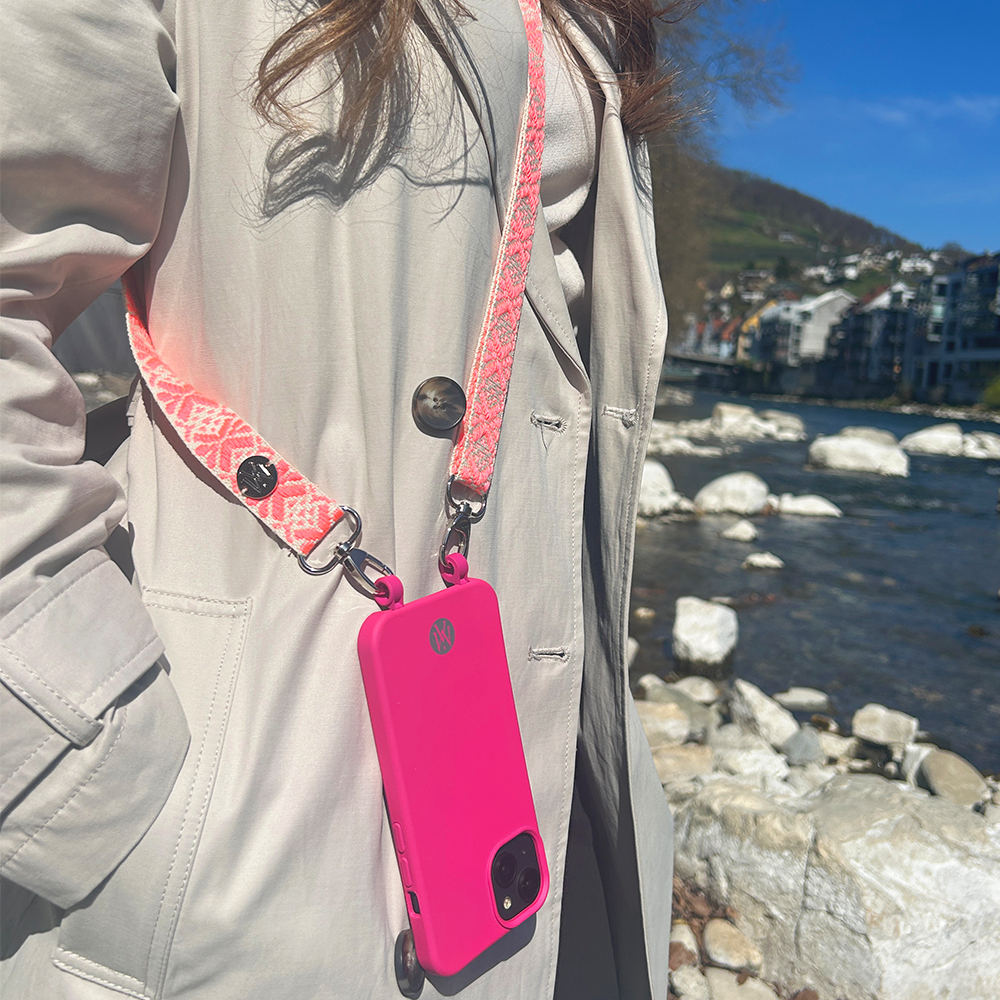 Handyband Handgemachtes Umhängeband für Handyhüllen Snowflake Silver - Ecru / Fluo Coral Design Assos