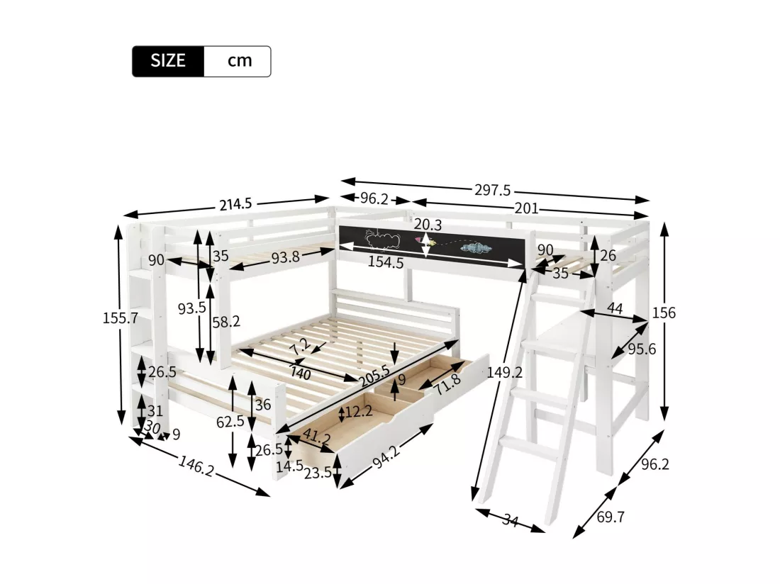 Lits Superposés Pour 3 Enfants, 2x90x200cm et 140x200cm, avec tiroirs de rangement, Blanc