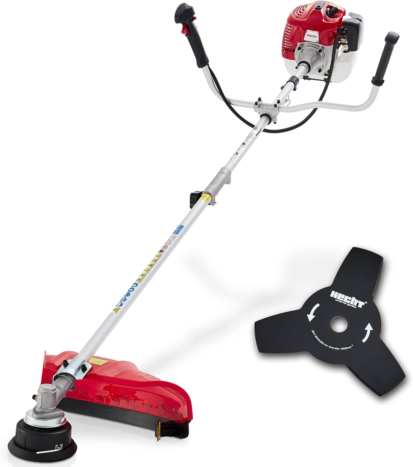 HECHT Rasentrimmer Benzin - Freischneider Benzin mit 2-Takt-Motor – 43 cm und 25,5 cm Schnittkreis – Mit Doppel Faden Spule und Metallmesser, Komfort-Tragegurt, Lenkradgriff Rot